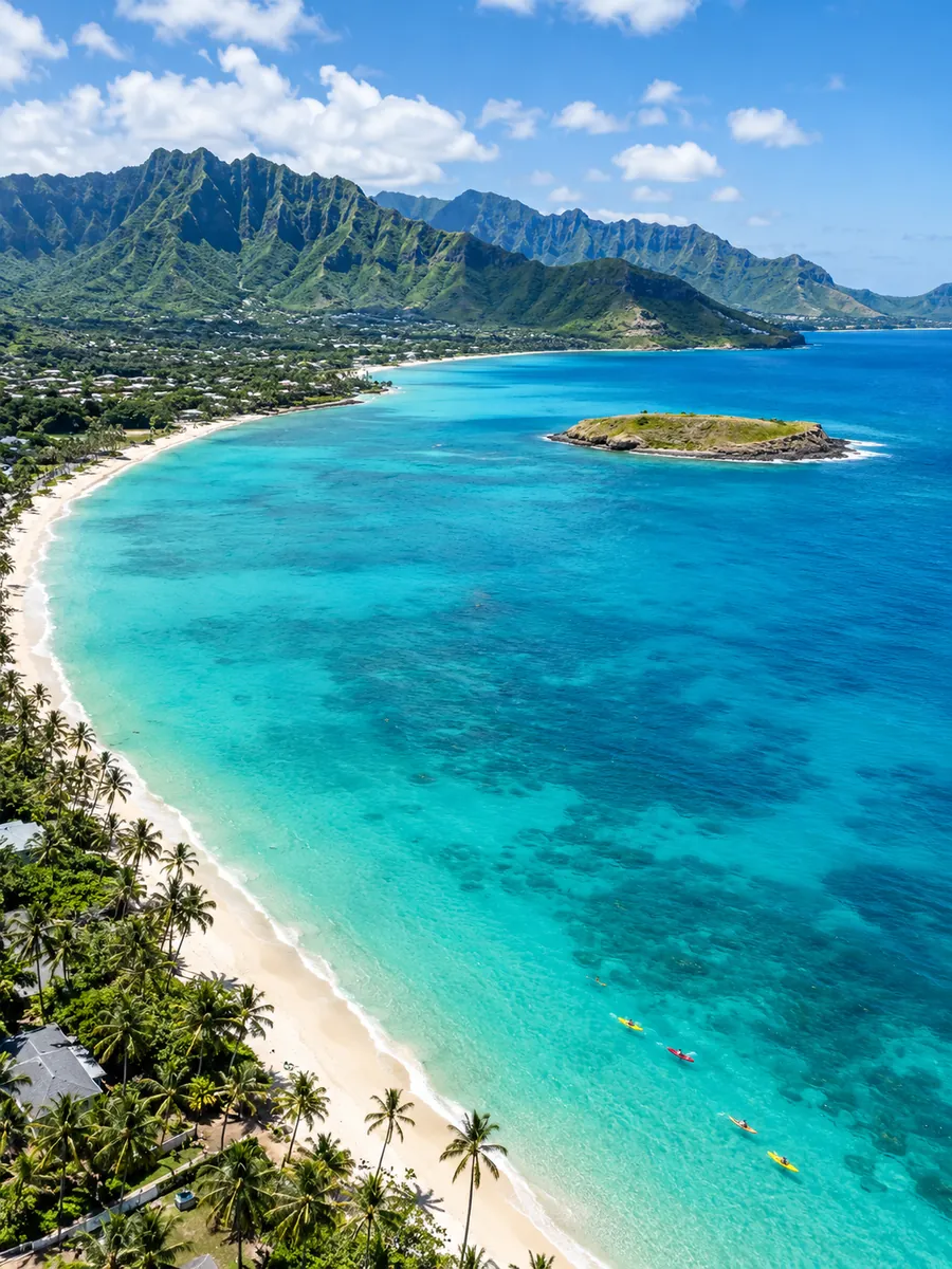 Aerial view of the long white curve of Kailua Beach with a small flat island offshore and green mountains behind