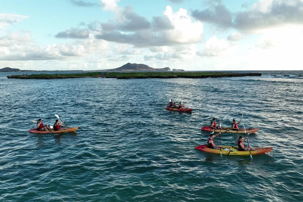 Several kayaks with paddlers crossing open water toward a long, low island under a cloudy sky