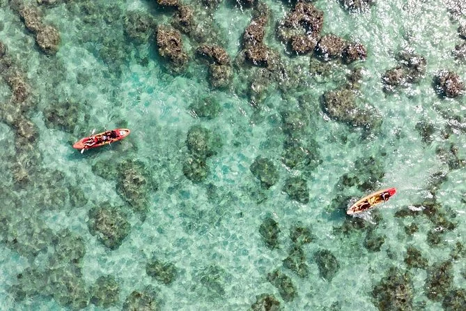 Aerial view of two kayaks over clear water and dark reef patches