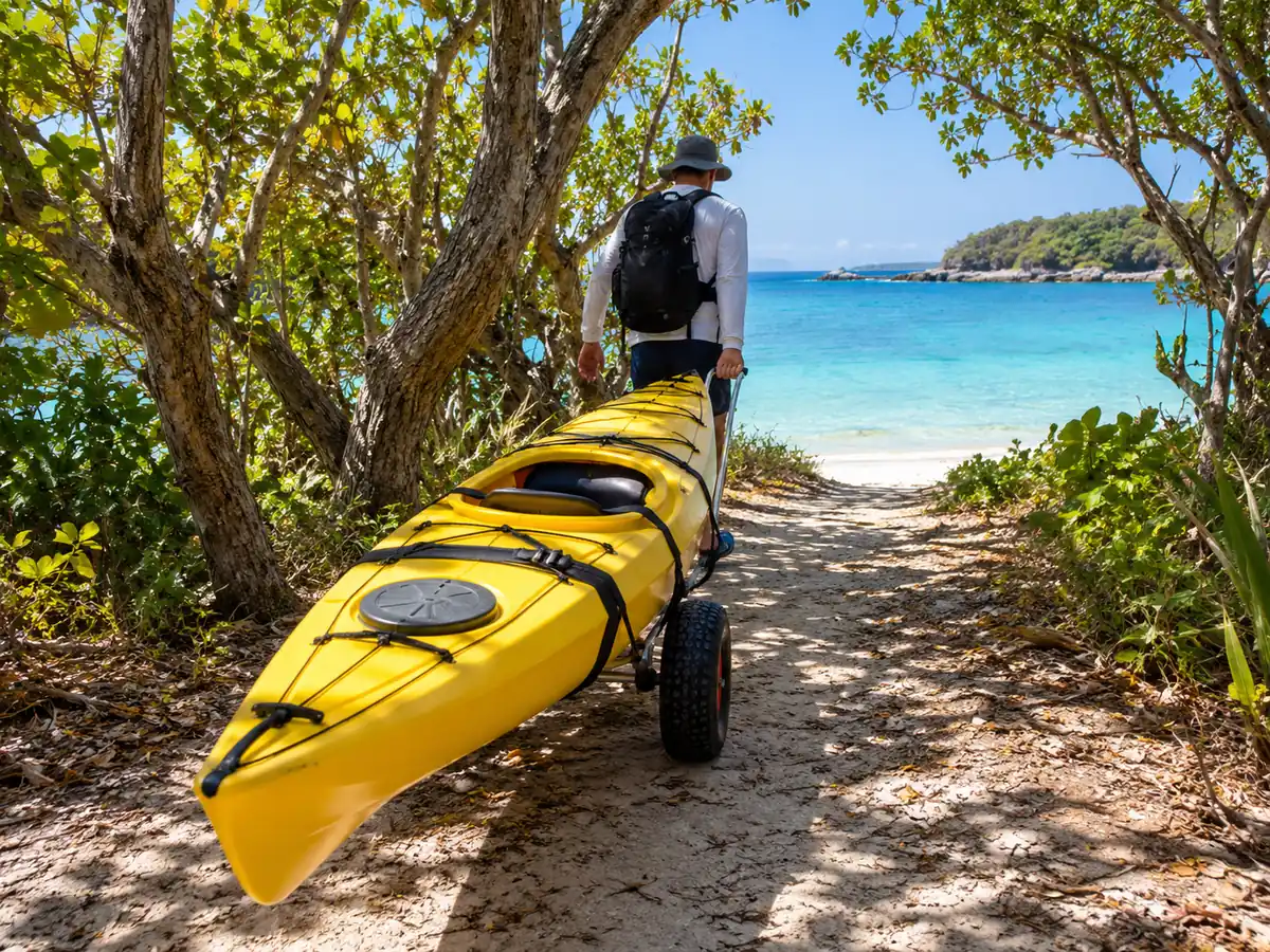 A yellow sea kayak strapped to a small two-wheeled cart on a shady sandy path leading to a turquoise bay