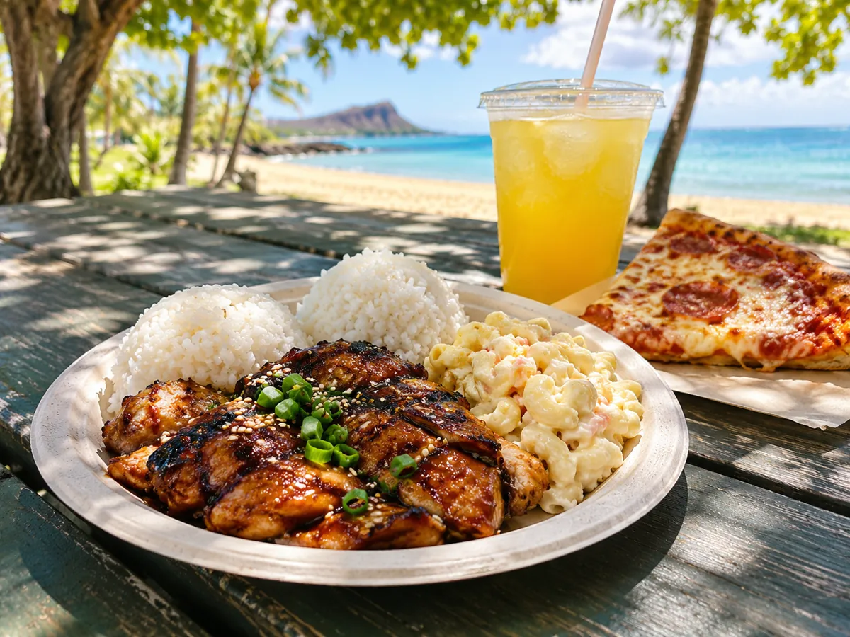 A Hawaiian plate lunch of teriyaki chicken, rice and macaroni salad with a slice of pizza and a cold drink on a picnic table