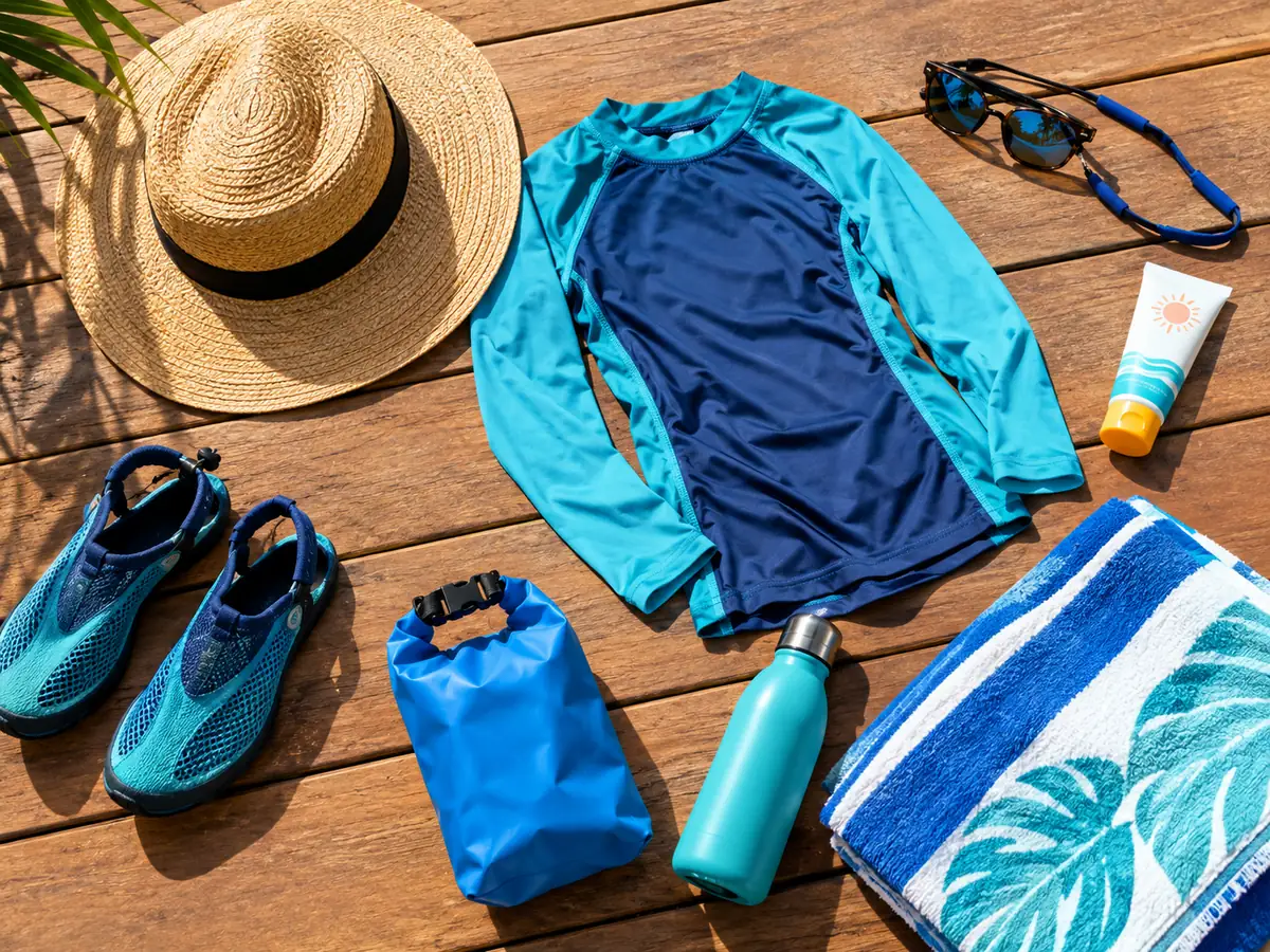 Water shoes, a rash guard, a sun hat, sunglasses with a strap, mineral sunscreen, a dry bag, a water bottle and a towel on a wooden deck